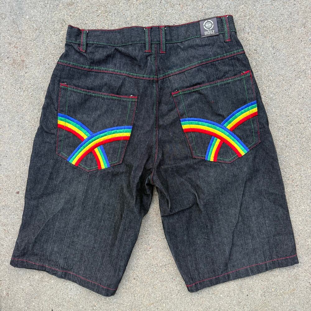 VTG 90s Noiz Jean Shorts Jorts Rainbow Pride Embroidered Pocket Dark Wash Sz 34